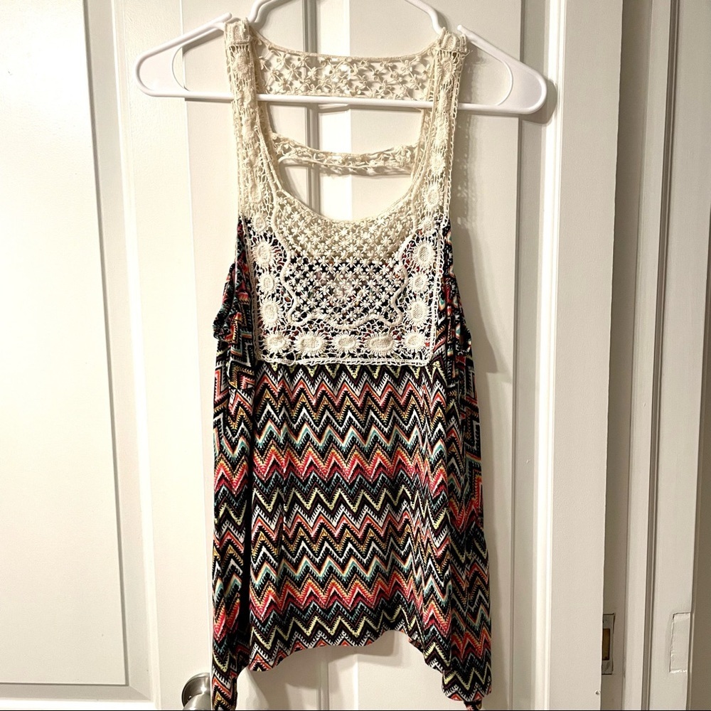 No Boundaries Multi Colored Embroidered neckline Tank Top.Size Large
